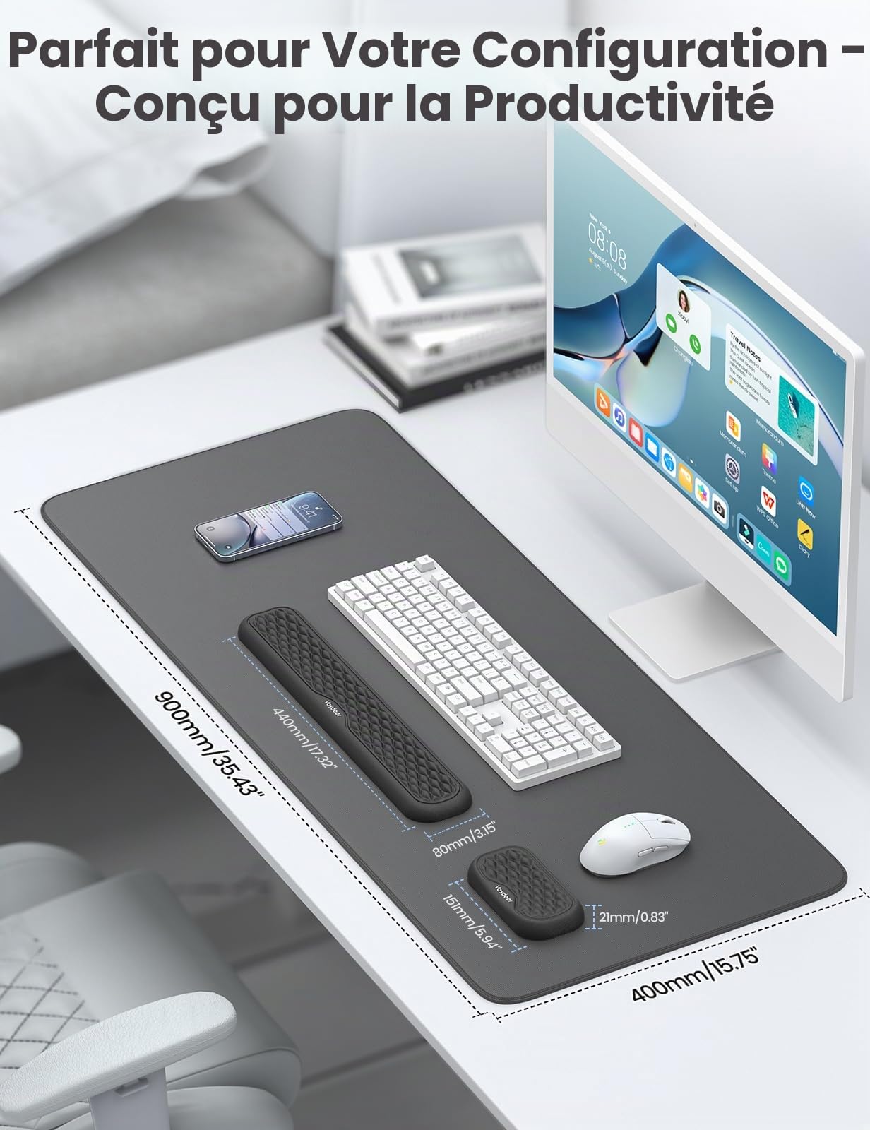 VAYDEER Set 3-en-1 clavier et souris en mousse à mémoire, Noir