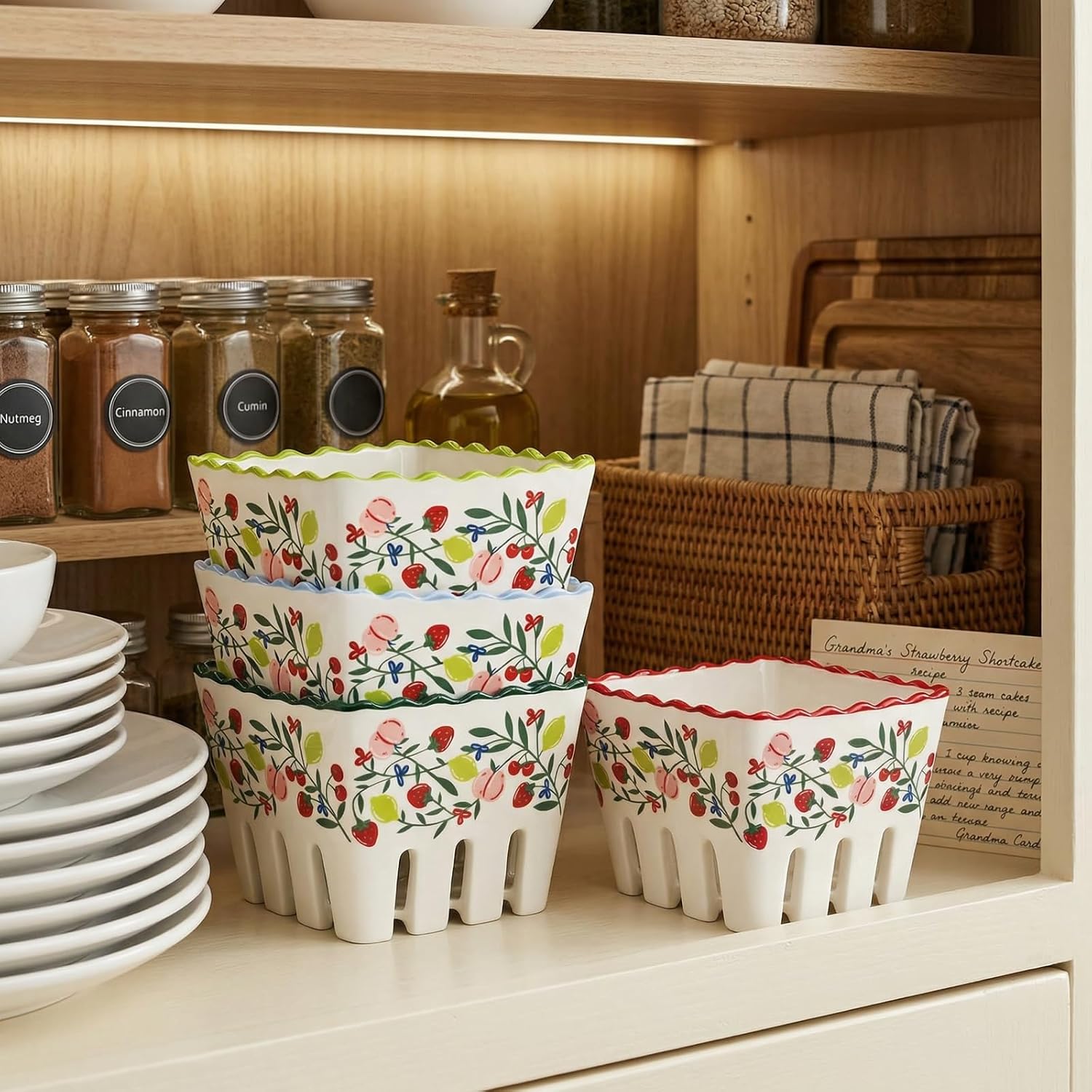 Pumtus 4 Pack Ceramic Berry Baskets, 4.5 Inch Square Fruit Bowl with Holes, Fridge Cute Strawberry Colander, Small Floral Stoneware Harvest Bowls, Kitchen Vegetable Display Holder for Grape, Cherry