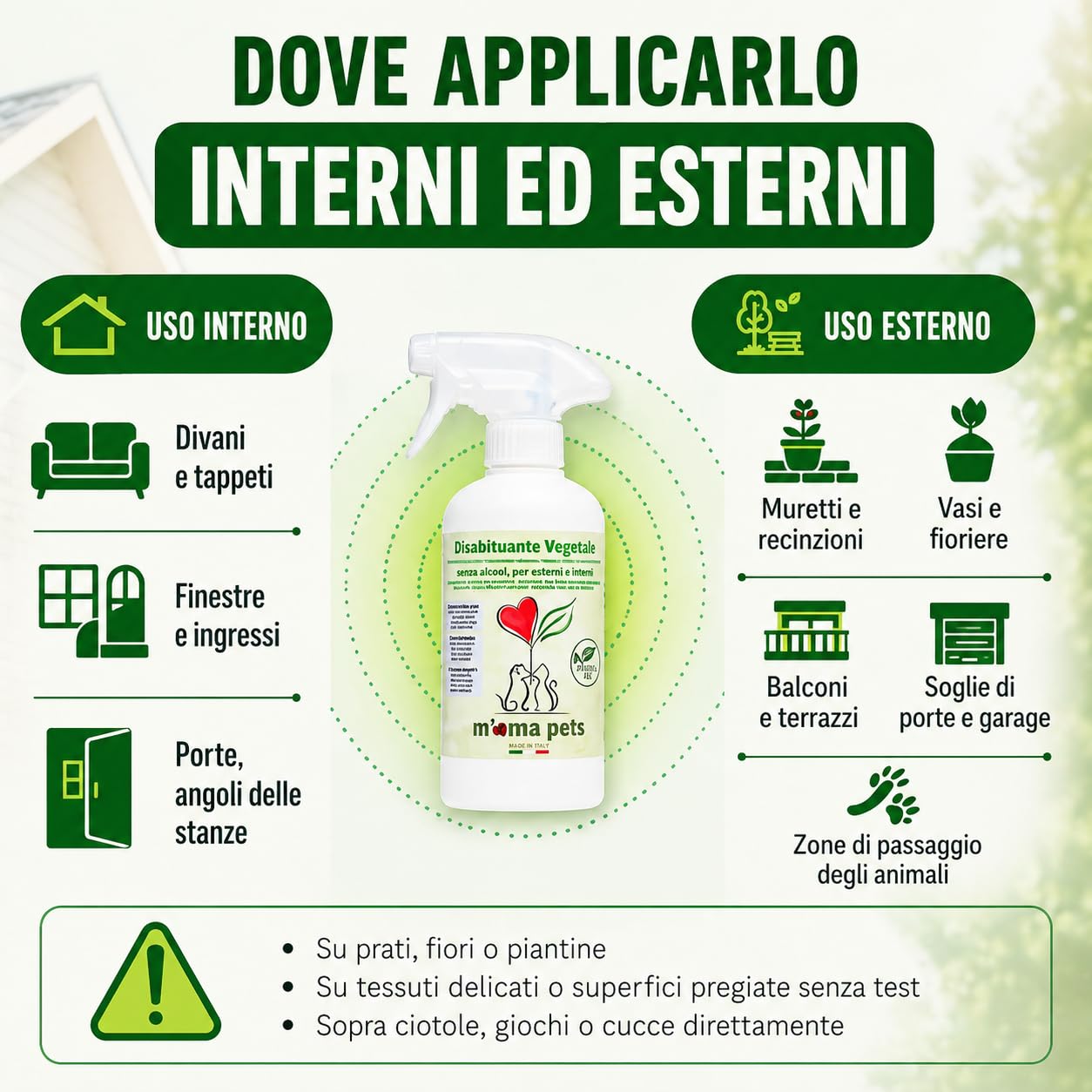 M' MA PETS Repellente Disabituante per Cani e Gatti 100% Naturale, Made in Italy - Spray Anti Urina Uso Interno ed Esterno – Formula Green a Base Vegetale Senza Alcool - 500ml