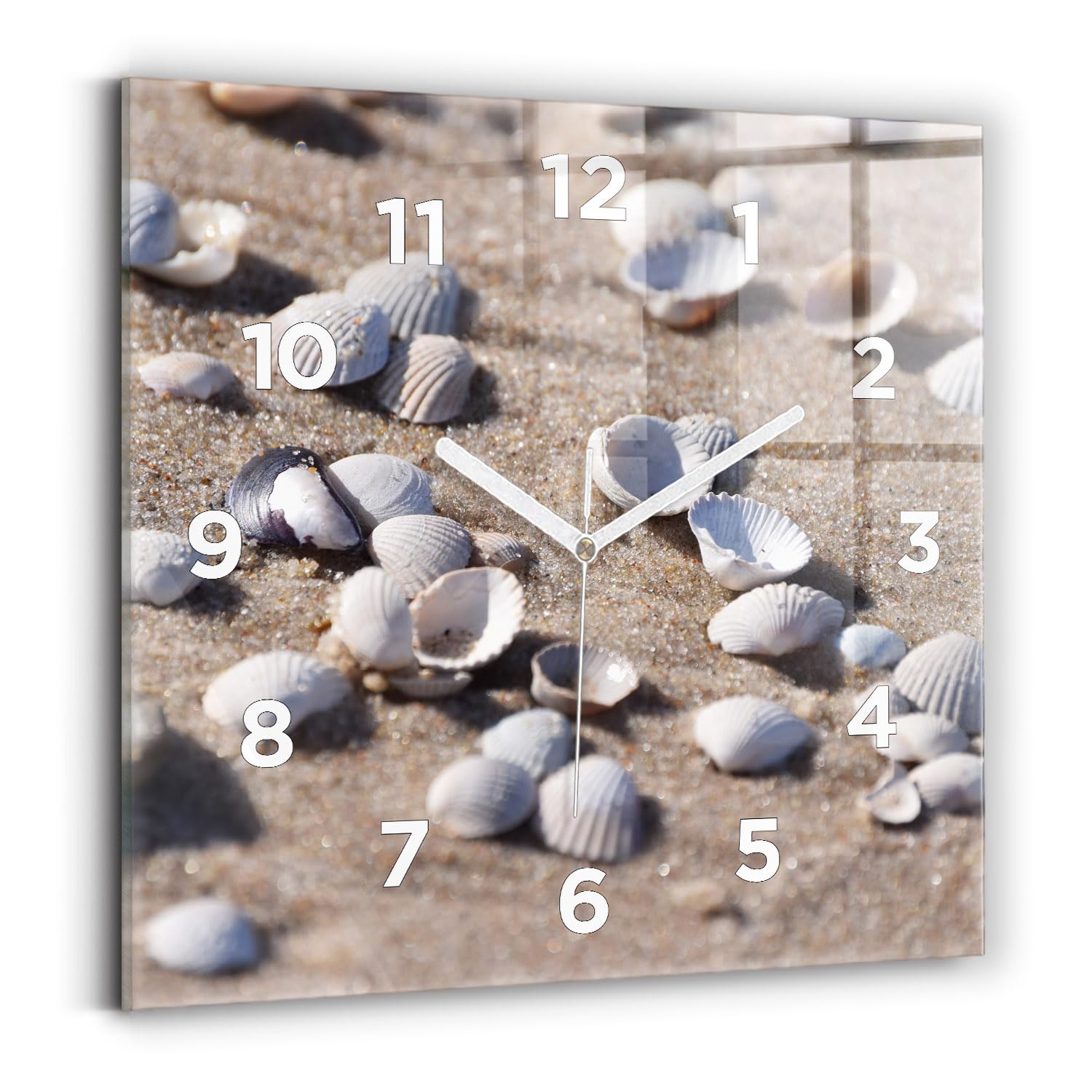 Horloge carrée Wallfluent 30x30 cm à batterie avec affichage analogique et motif coquilles