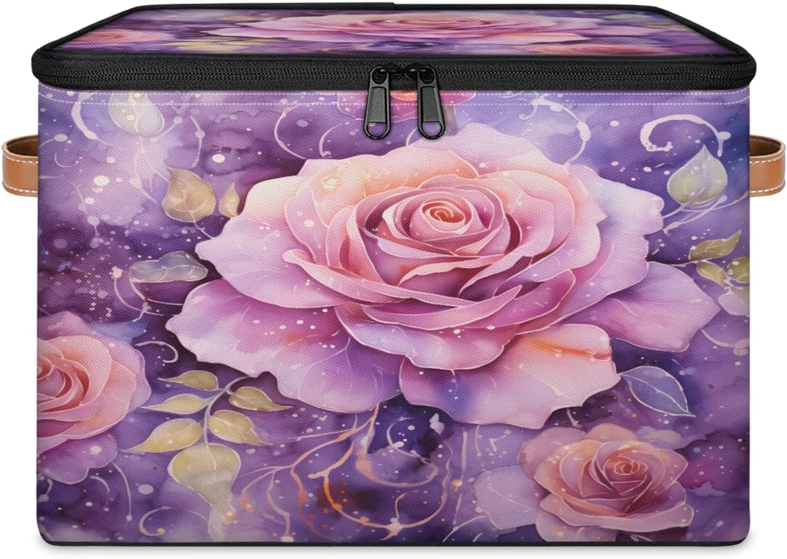 Storage Bin Set of 2 Flower Rose Storage Basket with Zipper Lid & Handle Foldable Closet Shelf 2 Pack Cloth Organizer Basket Cube Bins Clothes Organizer for Bedroom, Nursery