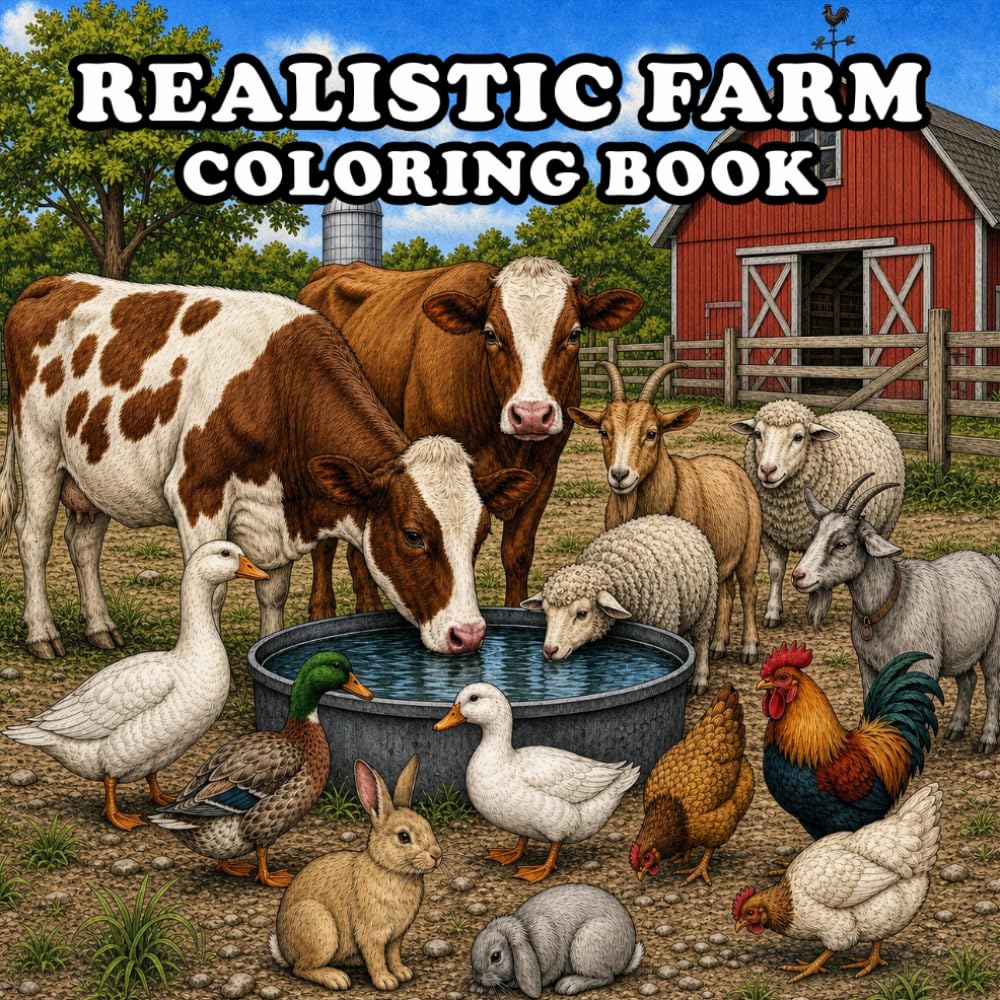 Realistic Farm Coloring Book: A Realistic Farm Animal Coloring Book with Beautiful Grayscale Illustrations of Farm Animals, Barns, Tractors, Country Landscapes, and Peaceful Rural Life for Adults