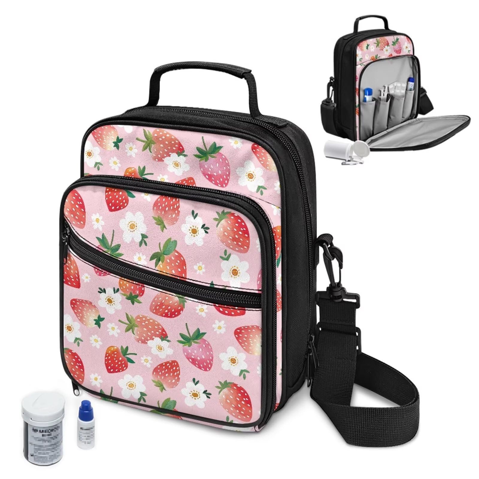 Yatixapu Insulin Travel Case, Strawberry Diabetes Supplies Bag, Travel Medication Diabetes Supplies Organizer Bag with Shoulder Strap for Glucose Meter and Diabetic Supplies