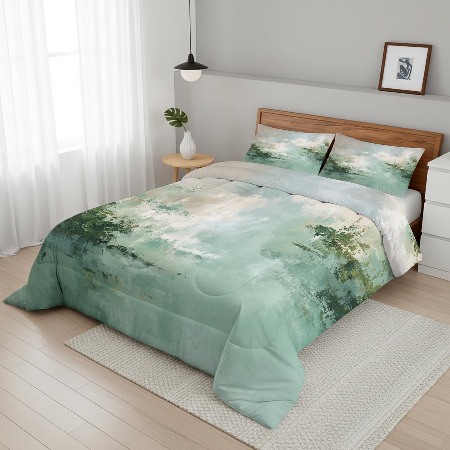 Generisch Grüne Bettdecke 155x220 4 Jahreszeiten, Ohne Bezug, 1 Kissenbezug 80x80, Abstrakt Modern Motiv Wende Steppdecke, Schlafzimmer Deko, Geschenke, Superweich - SE1496