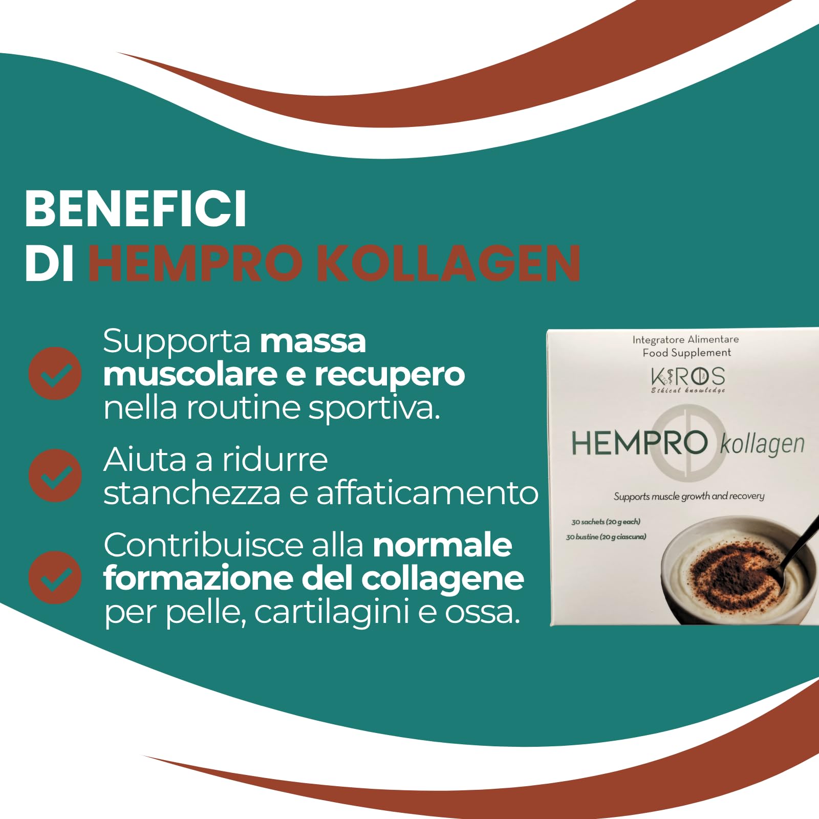 KIROS HEMPRO KOLLAGEN – Proteine Vegetali di Canapa - Gusto Cacao | Integratore con aggiunta di L-Prolina, L-Idrossiprolina, Vitamina C e MSM ed OPC – Vegan - 30 Bustine da 20g