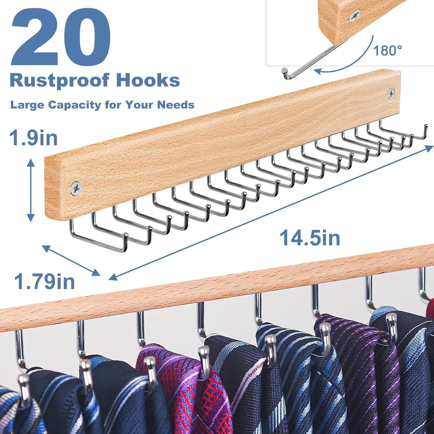 Wall Mounted Tie Organizer and Belt Holder with 20 Rotating Hooks, Natural Wood, Space Saving Closet Storage Rack (1, Natrual)