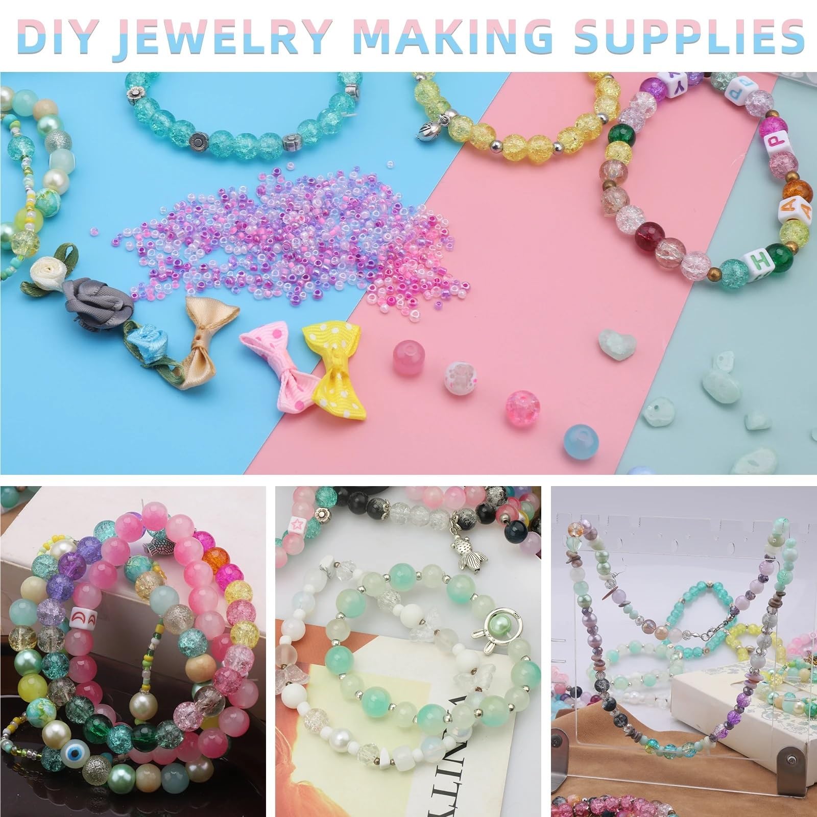 Cuentas de cristal esmerilado, 2 cajas de cuentas de vidrio para hacer joyas, pulsera de cristal, cuentas de resina, suministros de cuentas, aretes y collar (03LanFen)