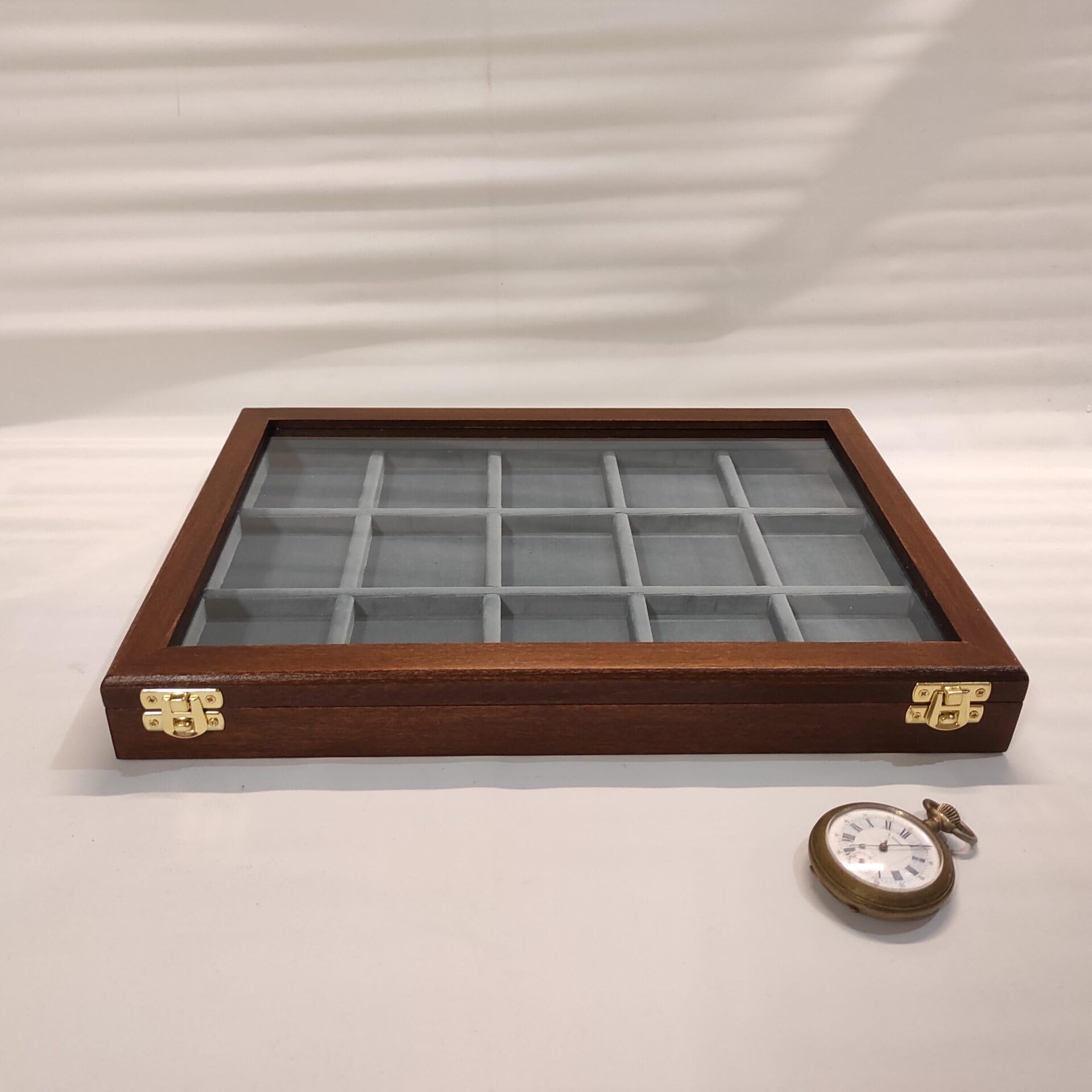 Coins&More Cofanetto per orologi da tasca 15 scomparti in legno e velluto, teca con vetro, contenitore artigianale numismatica collezione