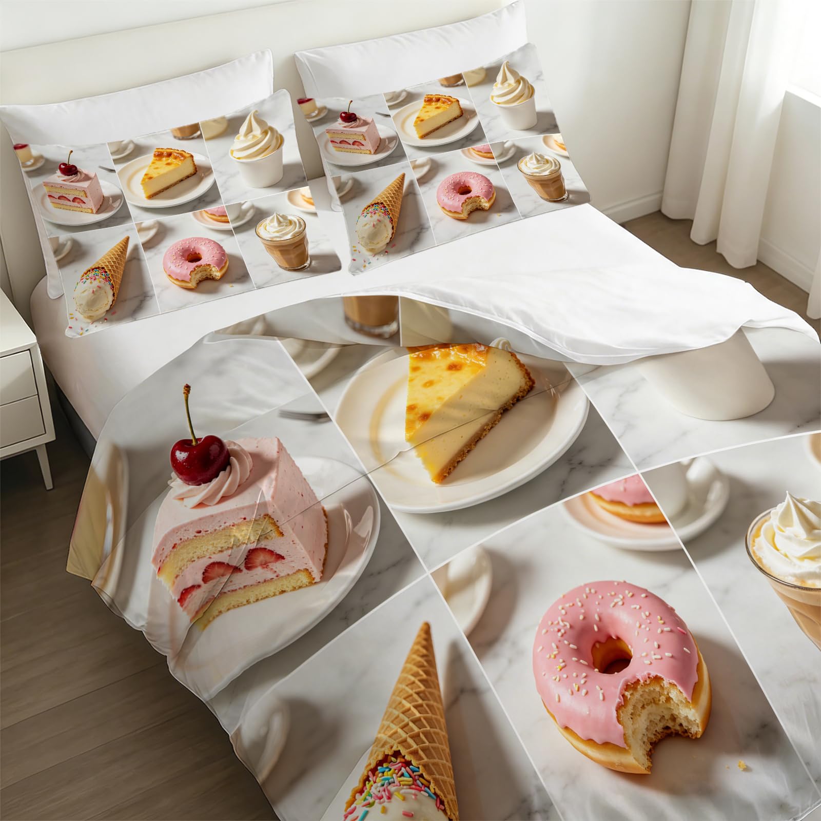 Set Copripiumino Matrimoniale 260x240 Torte e Bevande Stampa 3D Copri Piumino Cibo Delizioso Piumino in Morbido Microfibra Copripiumini con Chiusura Lampo e 2 Federa 50x80 2062-M