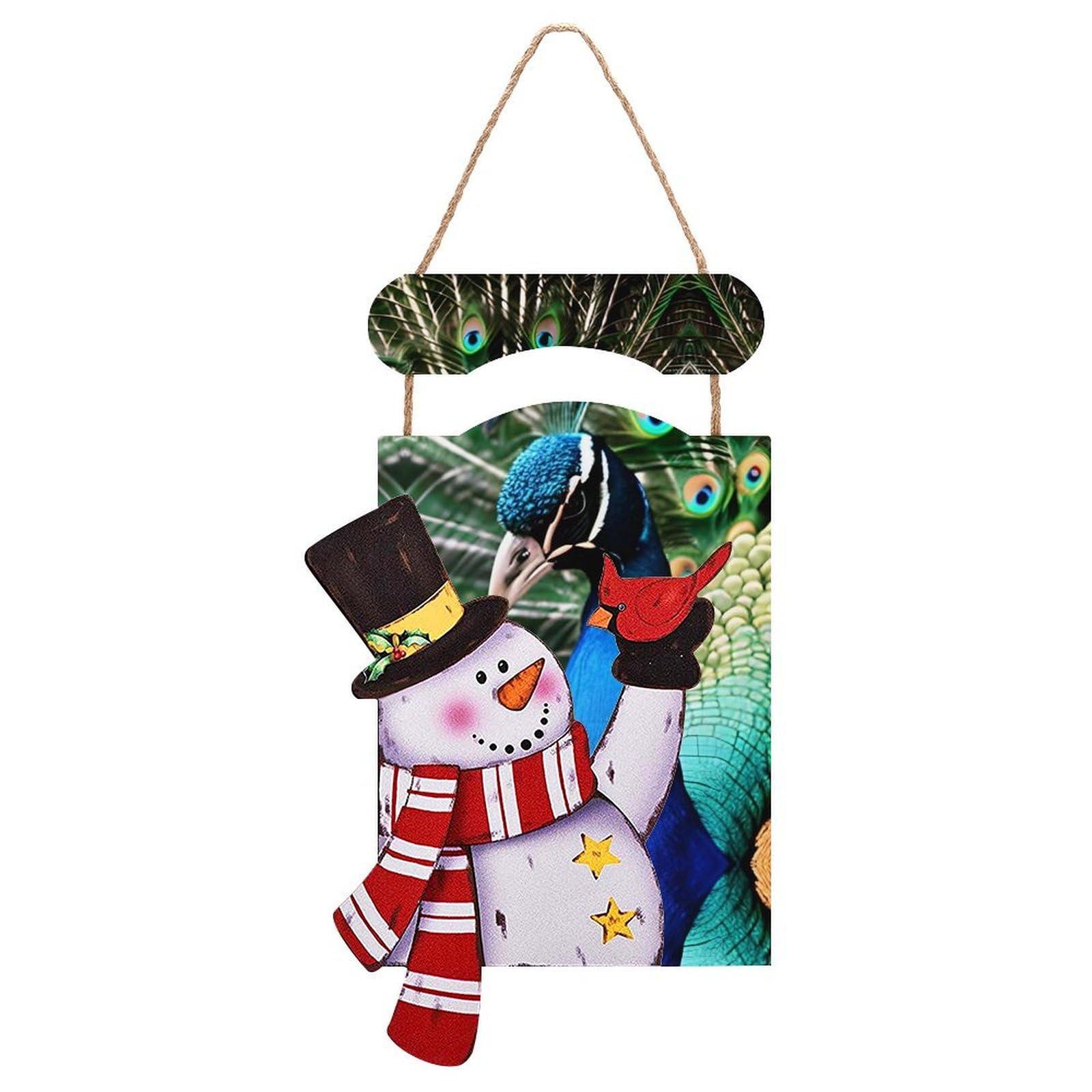 Peacock Snowman Sign Wooden Hanging Door Sign Christmas Door Decor Christmas Snowman Wooden Hanging Sign Wall Art for Indoor Outdoor Porch Wall
