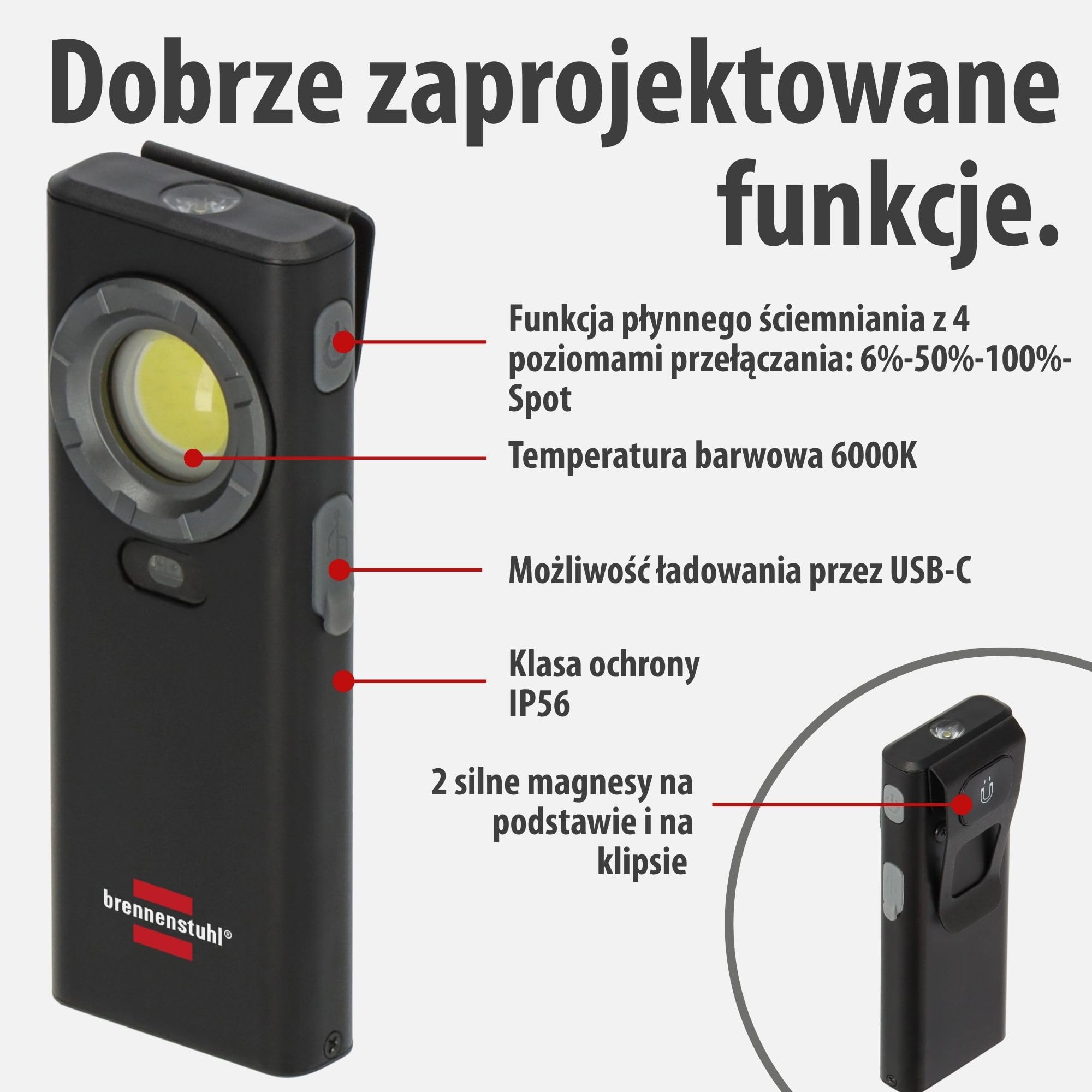 Brennenstuhl Akumulatorowa lampa ręczna LED HL 1200 AS (1200lm, latarka z 4 trybami przełączania, automatyczne wyłączanie przy bliskości obiektu, IP56, obudowa aluminiowa, magnes, klips, kabel USB C)