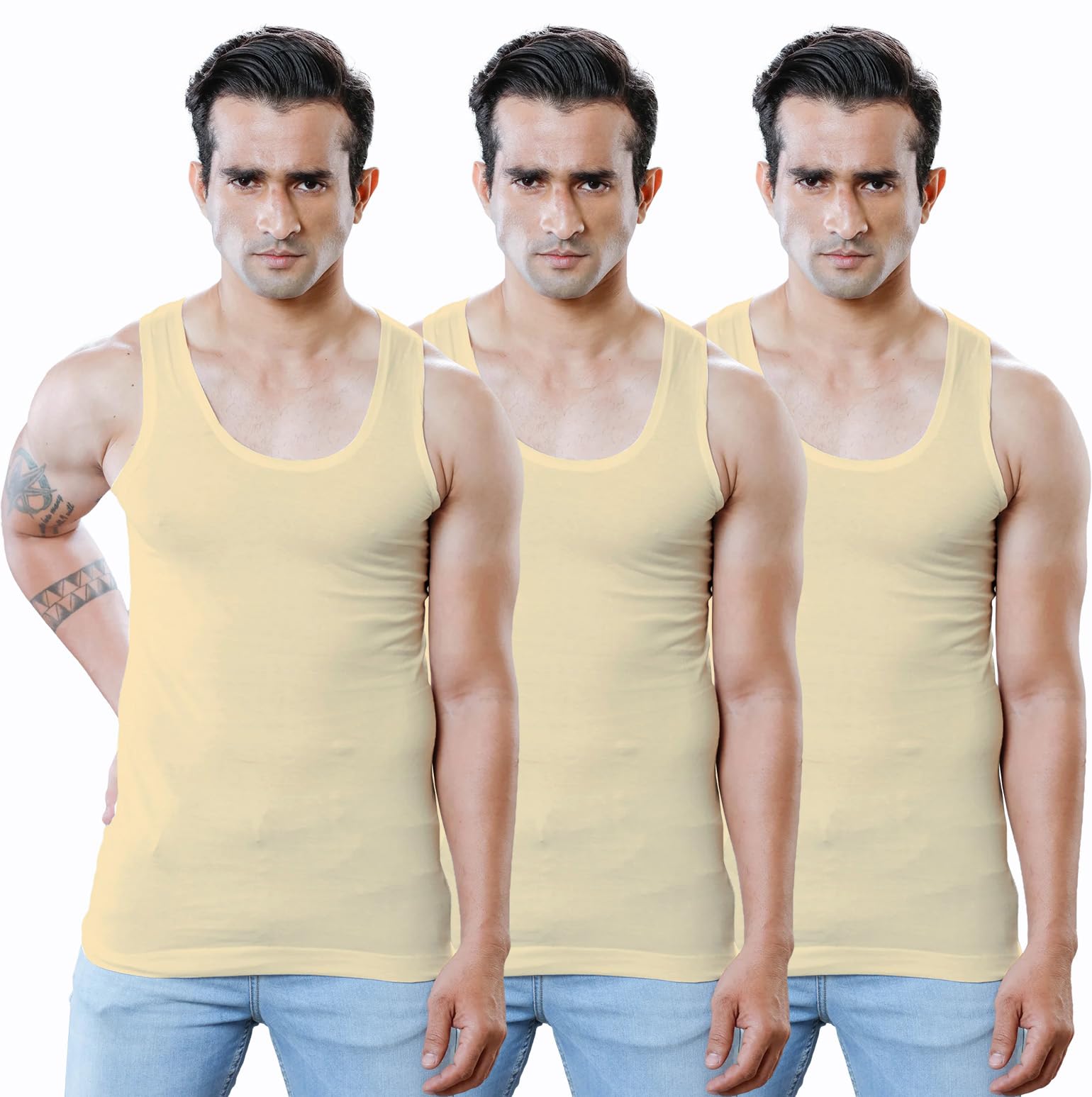 Premium Men's Cotton White Plain/Solid Sleeveless Vest (#Mercerised-Kalight-Grey-RN)-image-42