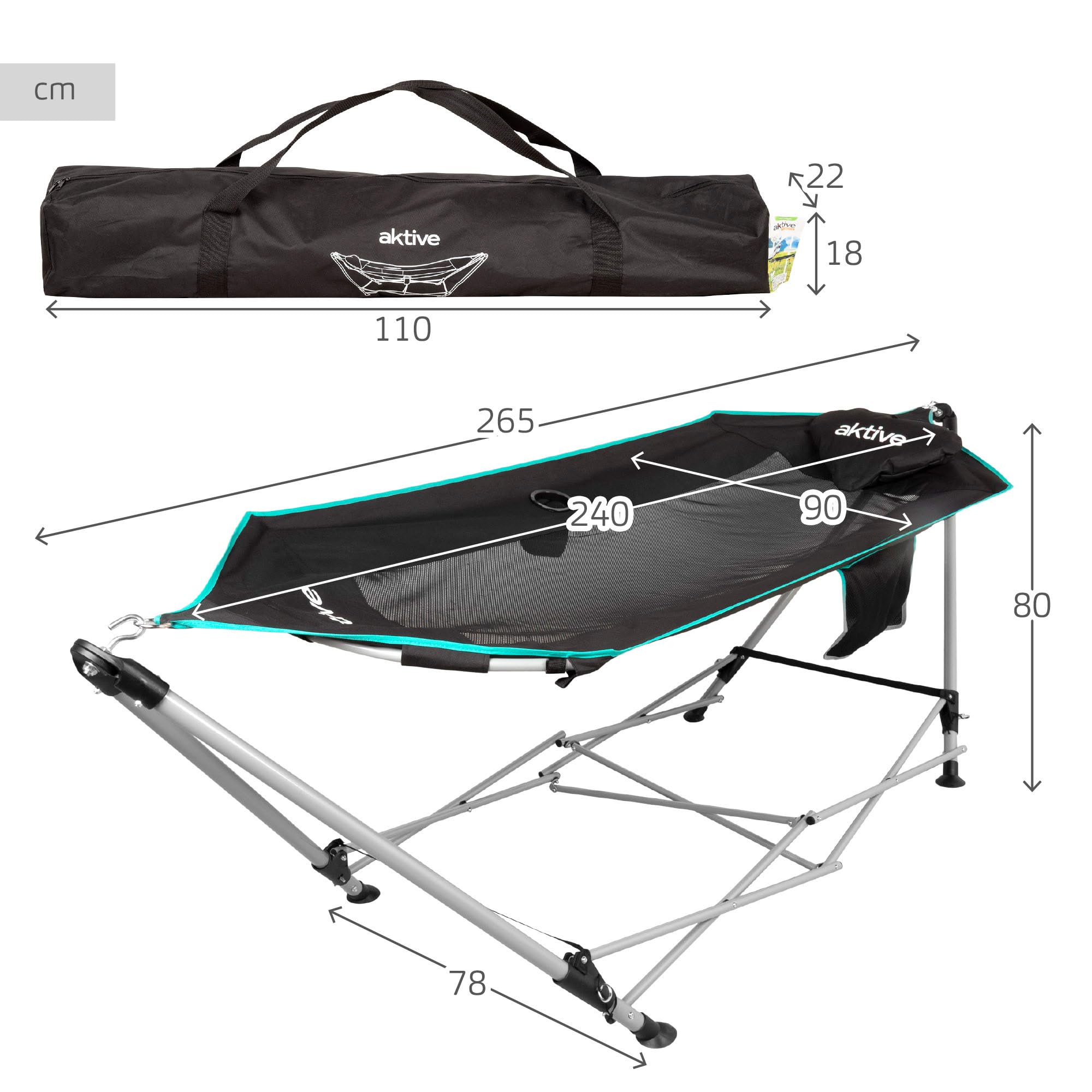 AKTIVE Hamaca Plegable con Estructura de Acero, Asiento de poliéster con Malla y Posavasos, Color Negro, 265 x 78 x 80 cm, Carga máxima 110 kg (63165)