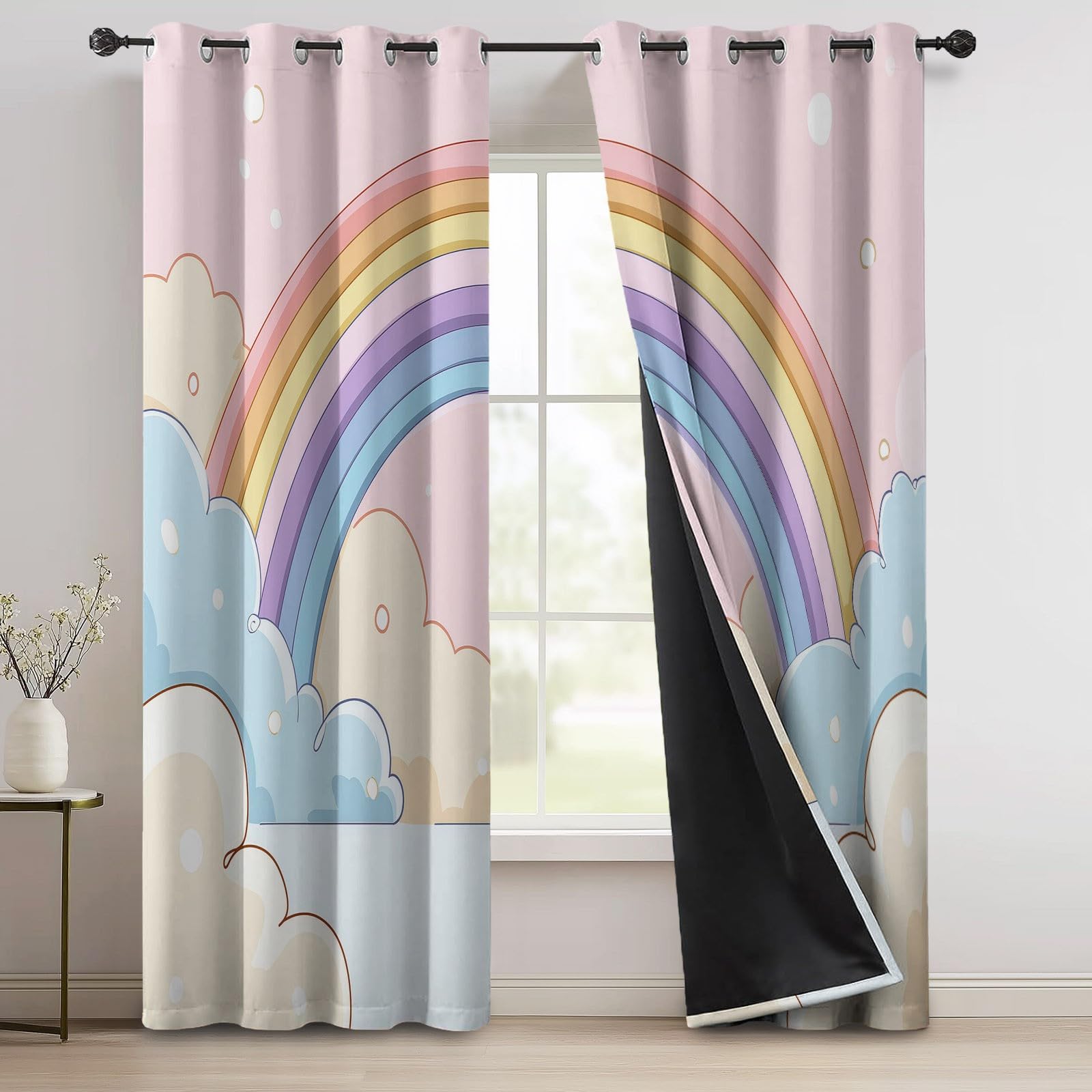 91.5L X 214H cm (2 Panneaux) Rideau Occultant Thermiques, Dessin Animé Doubler Nuages Imprimé Rideau pour Salon Chambre Fenetre Cuisine Coloré Rideaux et Draperies Oeillets
