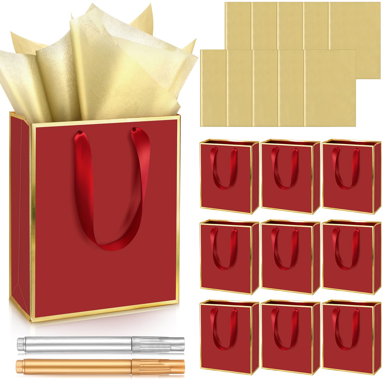 Yeaqee 10 Pack Metallic Paper Gift Bags with Handles Tissue Paper Thank You 5 Senses Gift Bag for Birthday Valentine Wedding Baby Shower Groomsmen