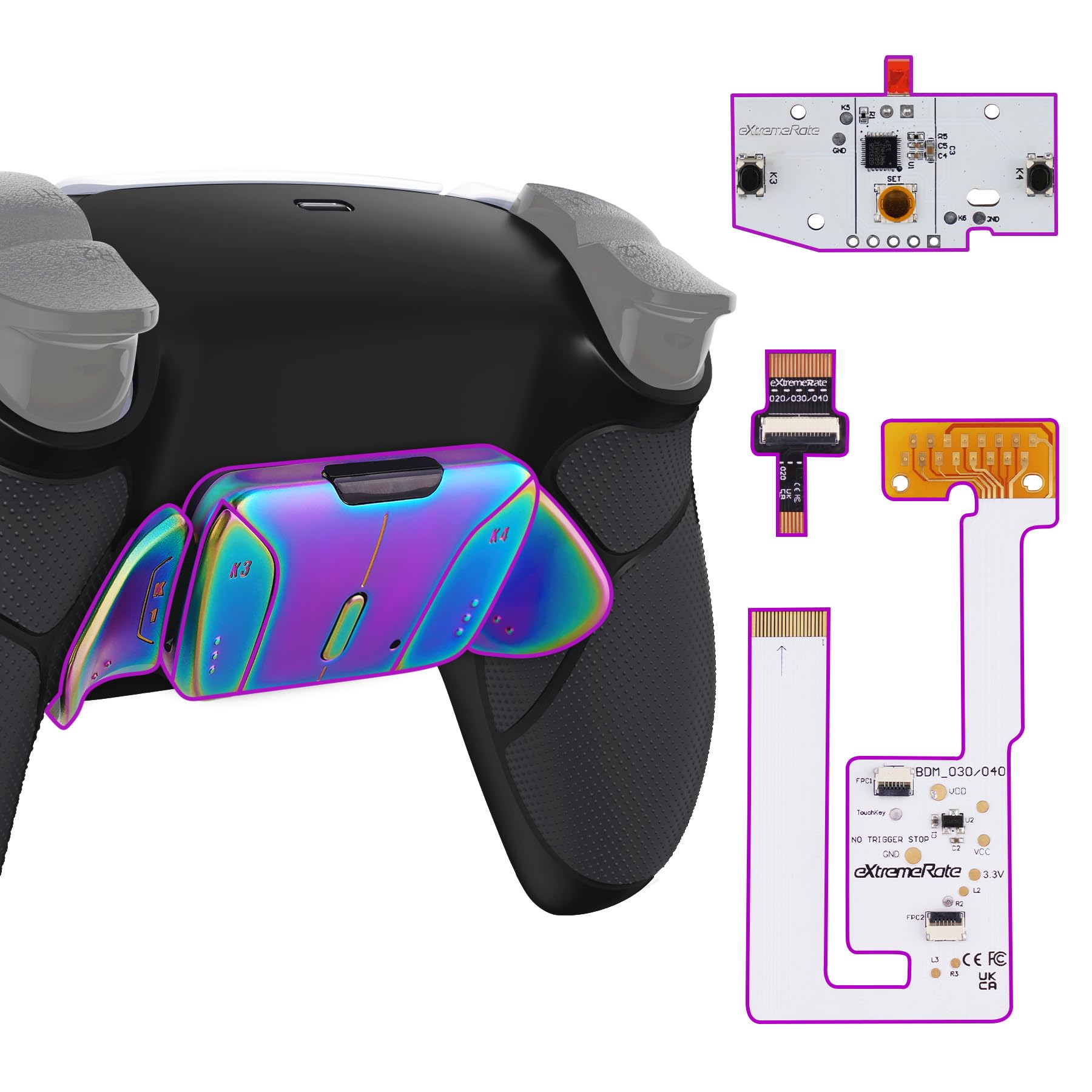 eXtremeRate Rise4 V3 Remap Kit Programmabile per ps5 Controller,Palette Metallo Back Button Paddles Tasti Aggiuntivi Cover Grip Gommato per ps5 Joystick BDM-030/040/050-Nero Blu Viola