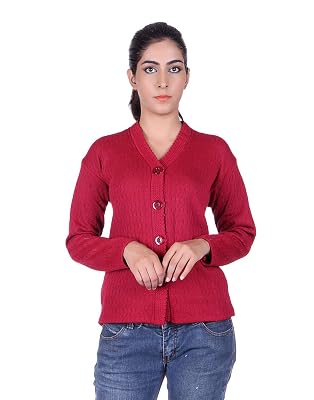 eWools Women's Wool V-Neck Cardigan (H3-M_Maroon_Medium)