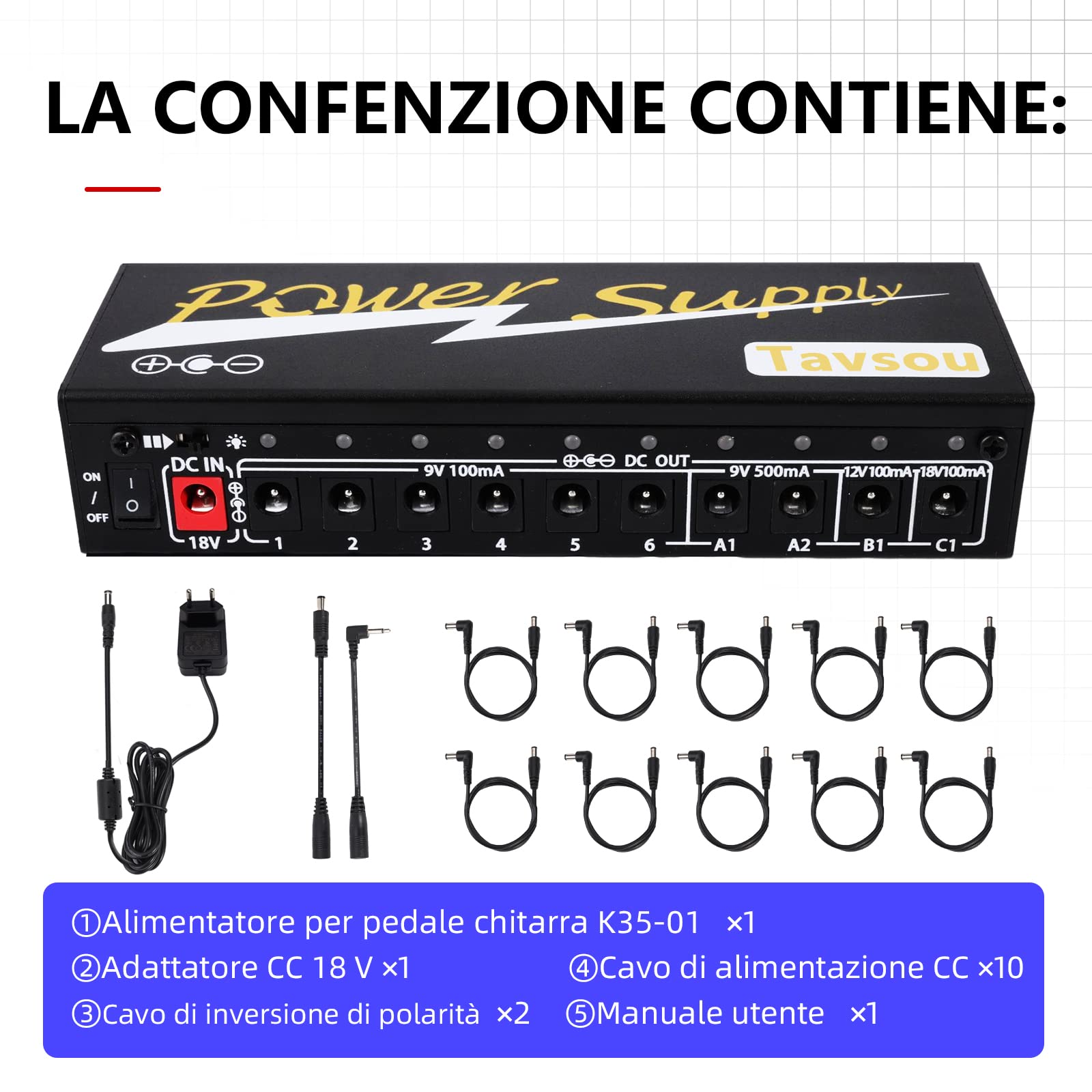Alimentazione elettrica per pedali effetto chitarra 10 uscita DC isolata 9V/12V/18V con protezione separata di cortocircuito Adattatore EU