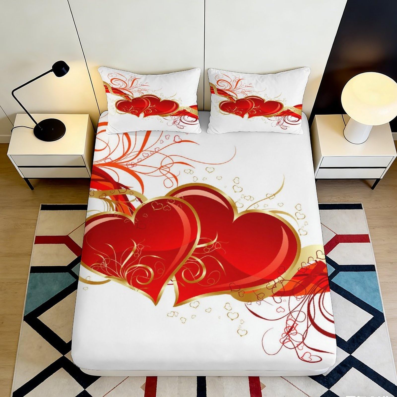 3D Printed Red Heart Fitted Sheet Microfiber Soft Bedroom Decor Love Swirl Mattress Cover for Home Guest Room 90x200x25cm