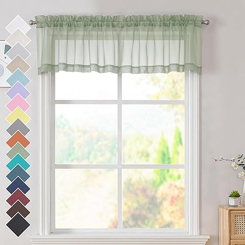 OVZME Cenefa corta, semitraslúcida, para ventana de cocina y sótano, con jareta doble para cortinero, juego de 2 paneles, 42 pulgadas de ancho x 14