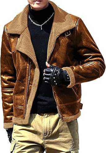 Mens Suede Faux Shearling Leather Jacket Windbreaker Fleece Lined Leather Bomber Jackets Warm Winter Aviator Coat