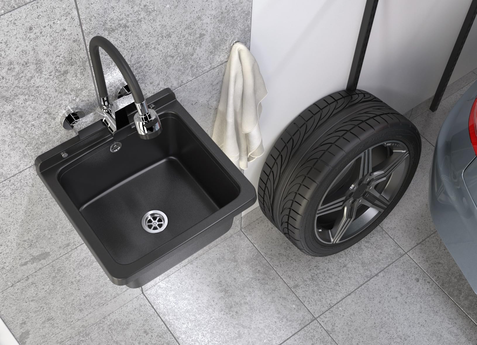 Granitan Lavabo universel pour garage, cave, atelier et buanderie, avec siphon, lavabo mural pour installation intérieure et extérieure, 40 x 38 x 22,8 cm, noir