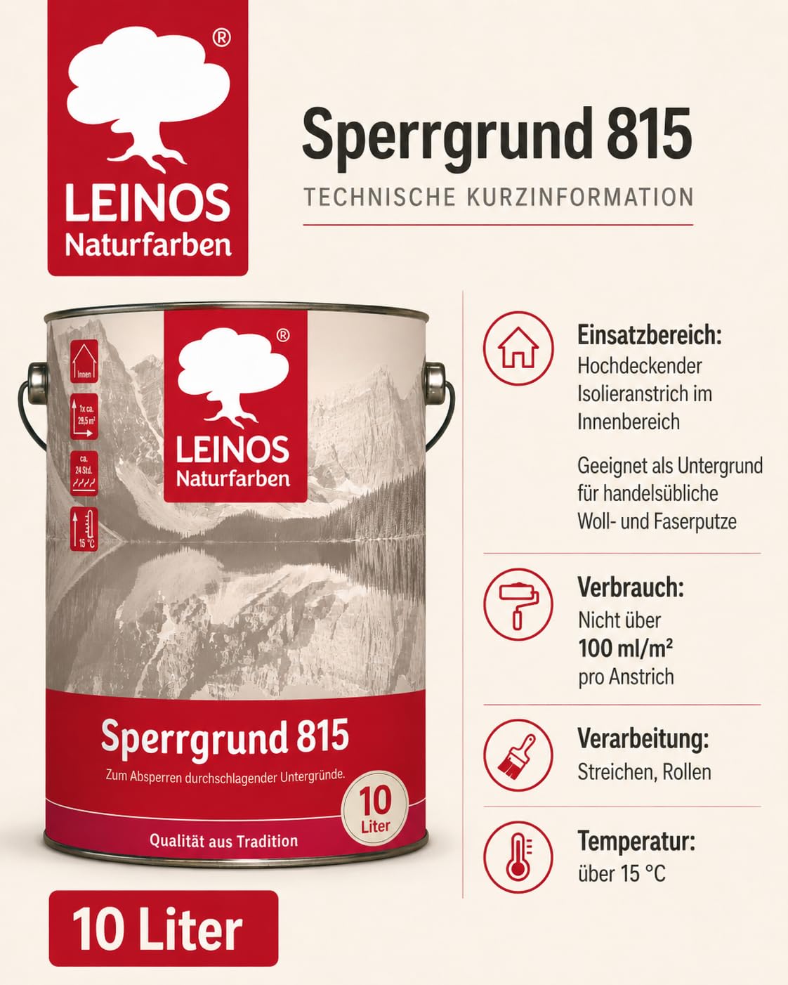 LEINOS 815 Sperrgrund 10 Liter | Hochdeckend: Erzeugt einen weißen, leicht rauen Untergrund, der für nachfolgende Anstriche gute Haftung bietet
