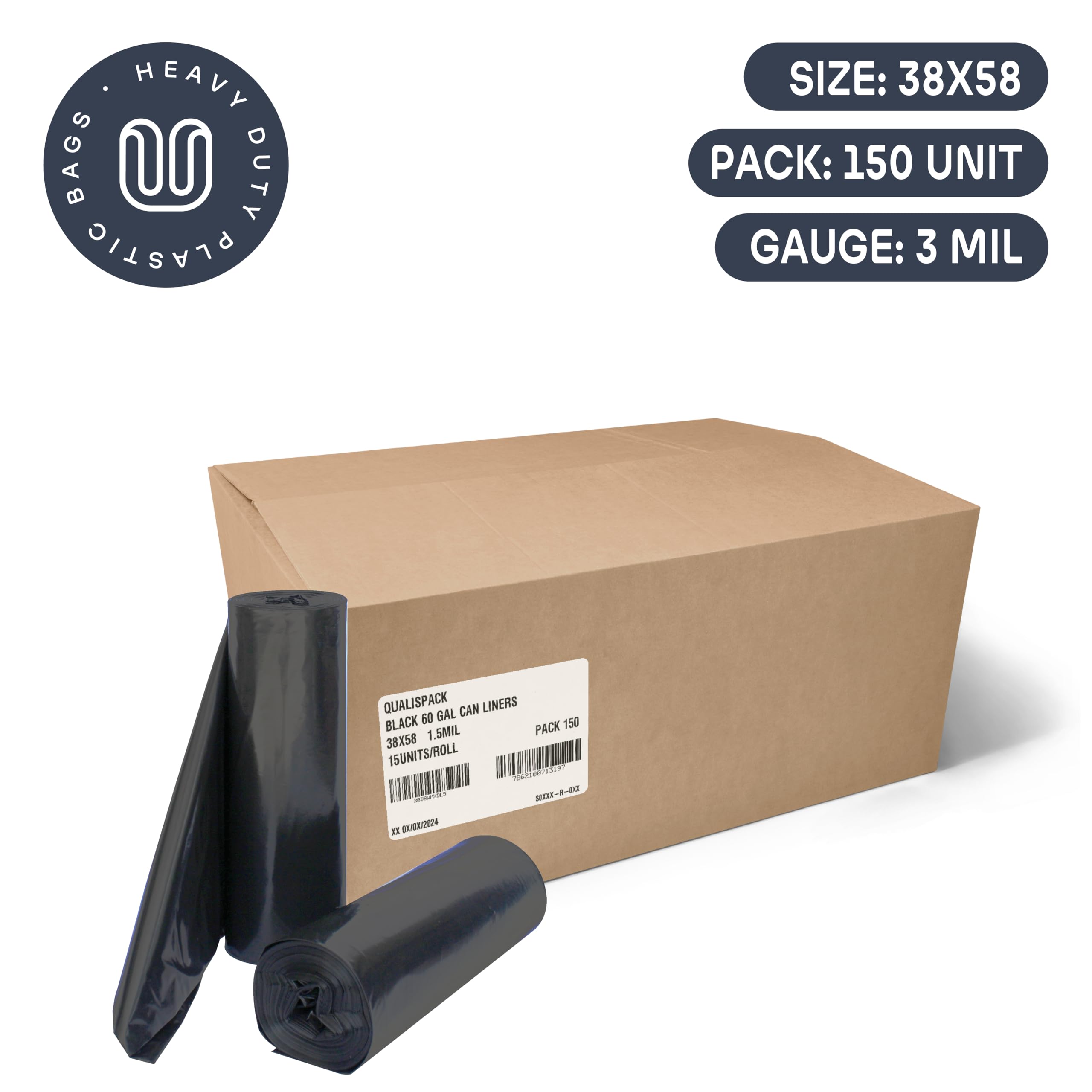Qualispack 60 Gallon Can Liners | 38x58 Black 1.5 Mil | Heavy Duty Eco-Friendly Trash Bags | 150 Bags for Industrial, Commercial Use