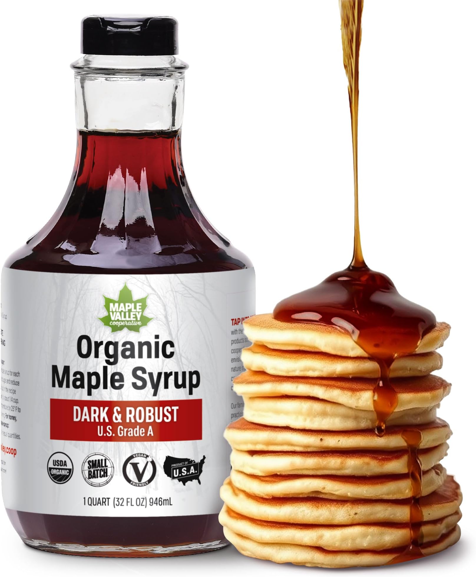 Maple Valley Organic Pure Maple Syrup, Dark & Robust Better Than Pancake Syrup, Use for Coffee or All-Natural Sugar Substitute in Cooking and Baking (32oz Glass Bottle)