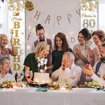 80th Birthday Banner 80th Birthday Door Banner Decoration Happy Birthday Banner Party Photo Booth Background Decoration Sign Poster for Men and Women (White Gold)