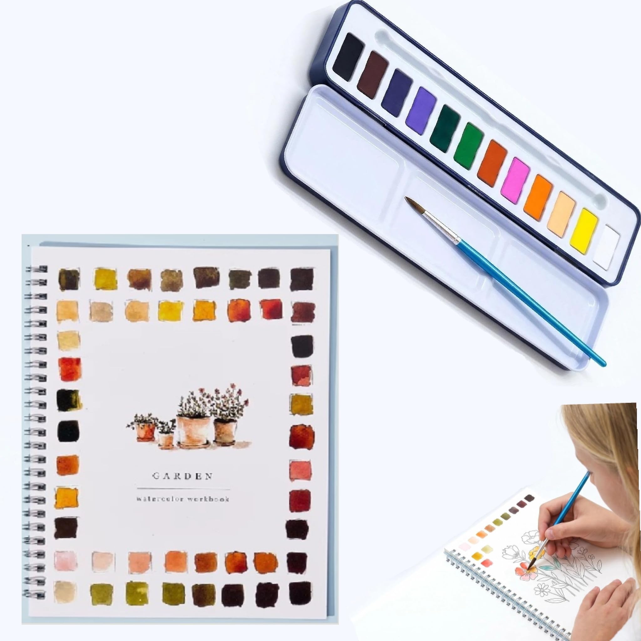 FeiatPogra Watercolour Workbook & 12-Color Paint Set for Adults, Beginner-Friendly Garden Flower Coloring Book with Brush, 230g Paper, Portable Painting Kit, DIY Art Gift