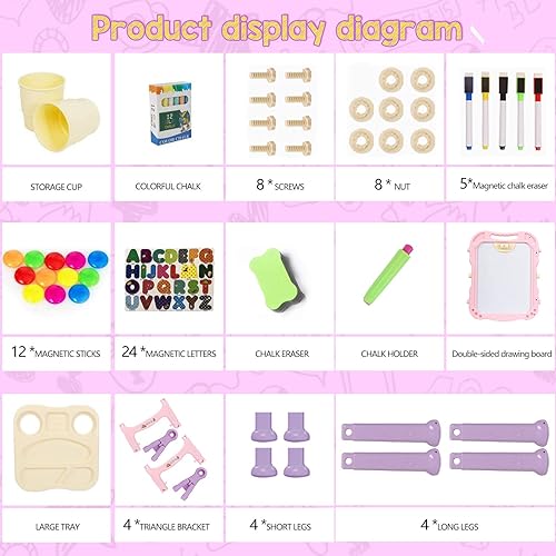 Miniatura 6 de Caballete de arte para niños, caballete giratorio ajustable de doble cara con accesorios de pintura para niños pequeños y niñas, color rosa