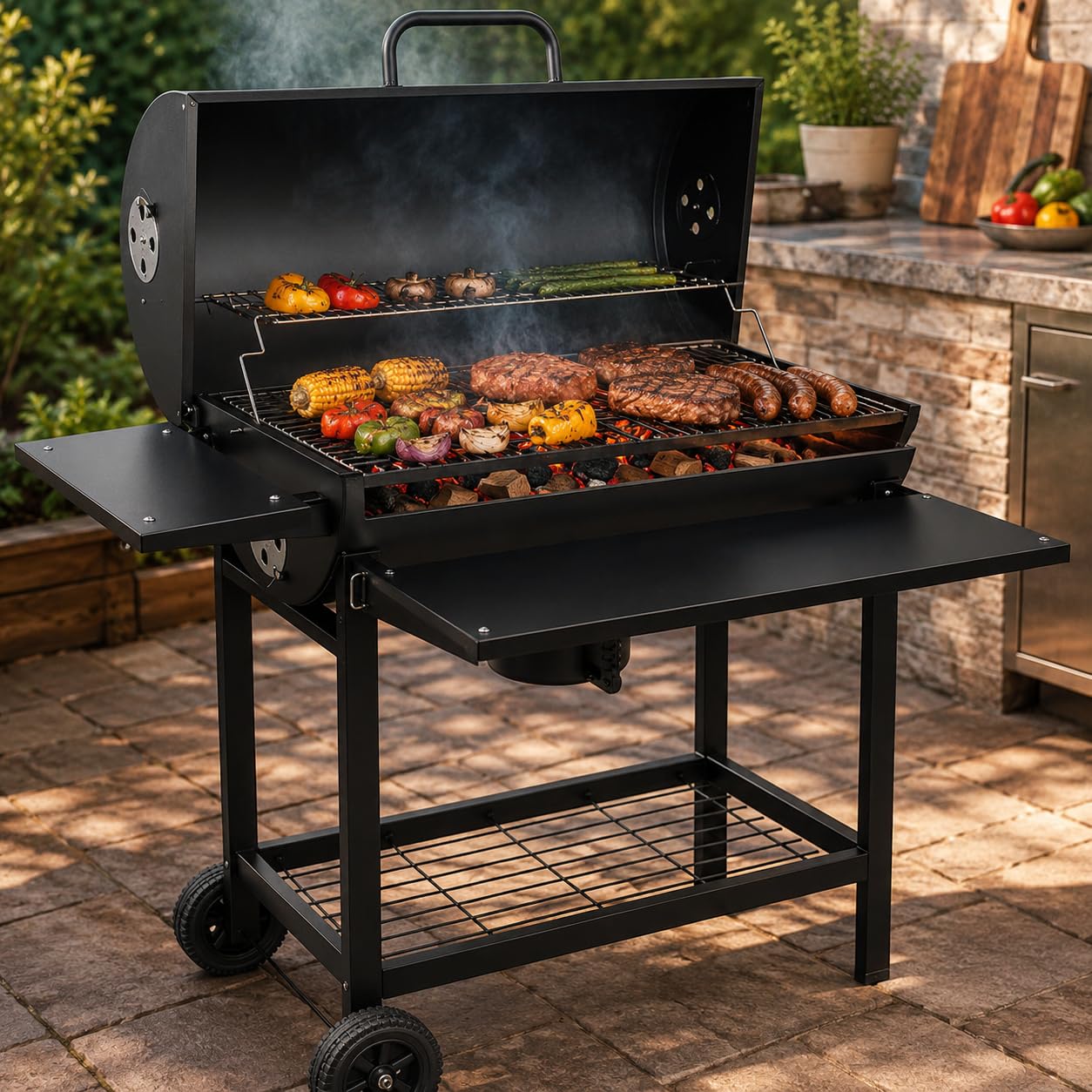 Profi Smoker Grill Holzkohle Grillwagen XL 103x110x59 cm, schwarzer BBQ Standgrill aus Stahl mit Deckel, Grillrost, Warmhalterost, Aschebehälter, Ablagen, Luftregulierung & Rädern für Garten Party