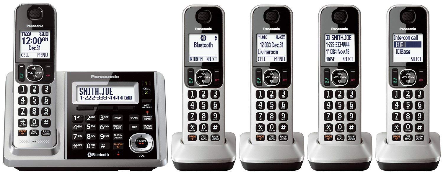 Panasonic KX-TGF375S DECT 5-Handset Landline Telephone system with base unit and five cordless handsets.