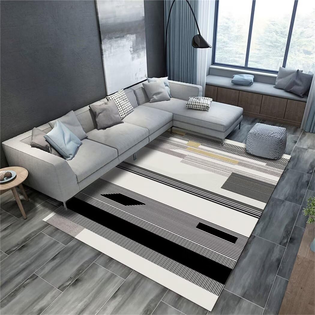 Tapis de salon lavable et résistant 180x220cm beige moderne à rayures noires