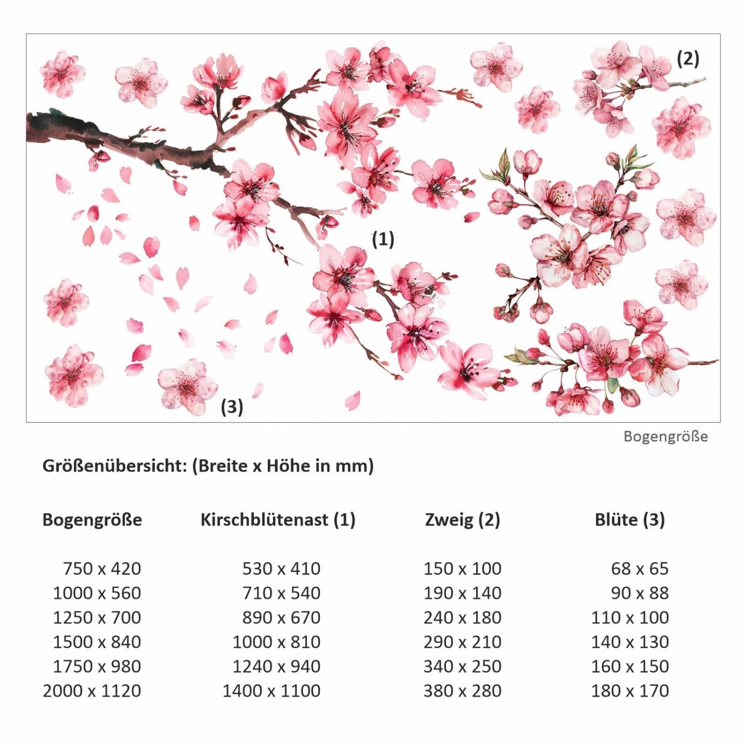 268 Wandtattoo Kirschblüten Ast Zweig Aquarell Watercolor in 6 vers. Größen Größe 2000 x 1120 mm