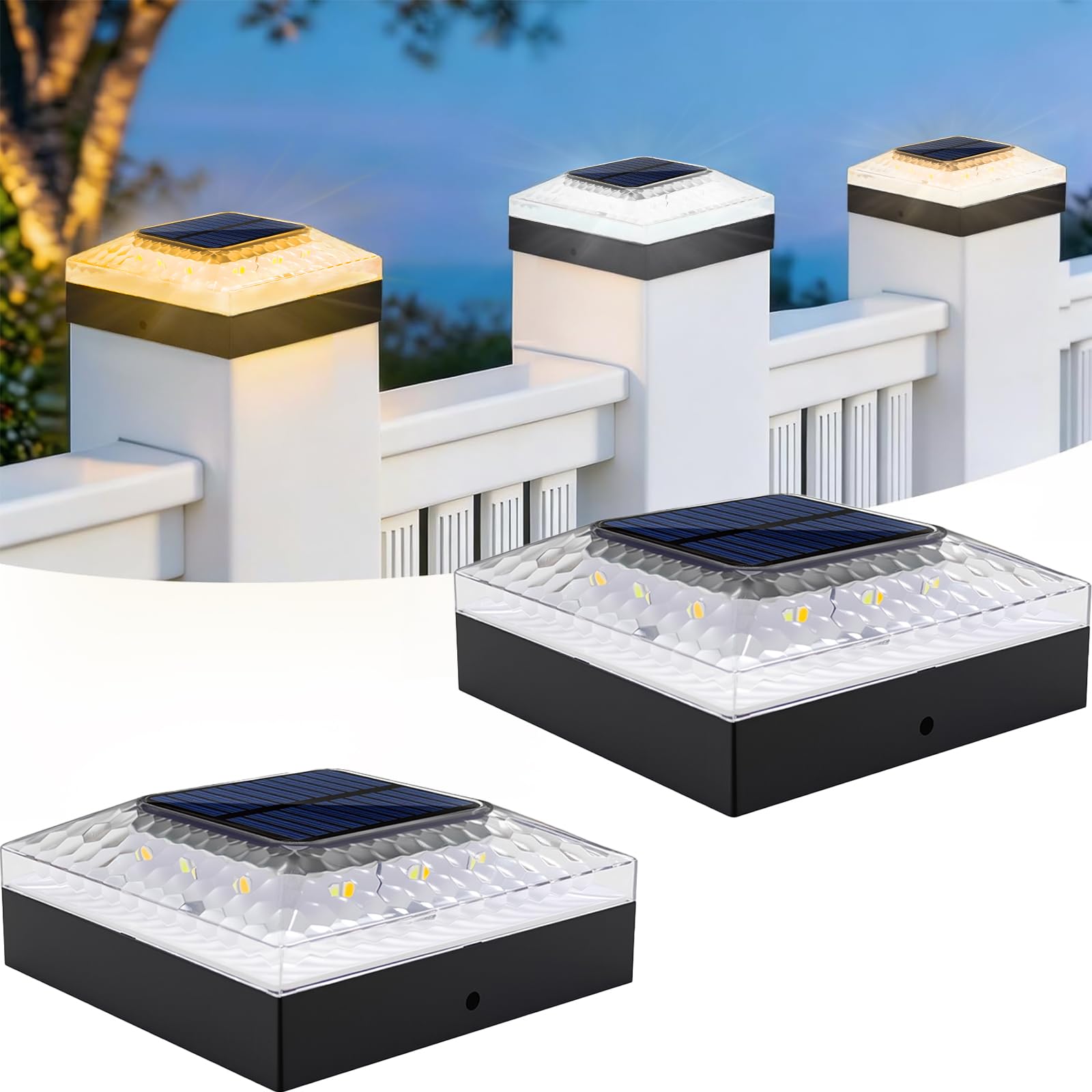 ROMANJOY 4x4 Post Solar Lights, 3 Colors Fence Light Solar Powered, 2 Brightness Solar Post Cap Lights Waterproof for Wood/Vinyl Posts, Garden, Patio, Deck, Hammered Light, 2 Pack