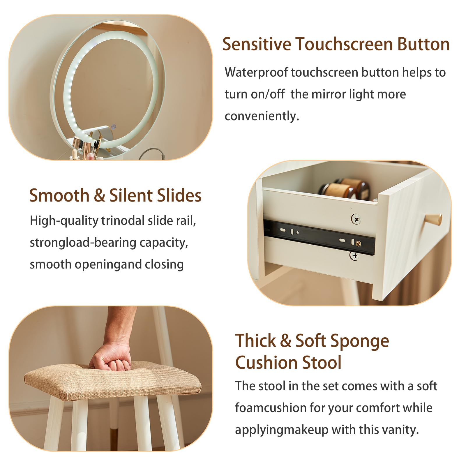 Acquisto all'ingrosso Tavolo da trucco in legno con specchio e luce LED di alta gamma, design moderno, con due cassetti e sgabello imbotto che presenta uno spazio di stoccaggio nascosto per la