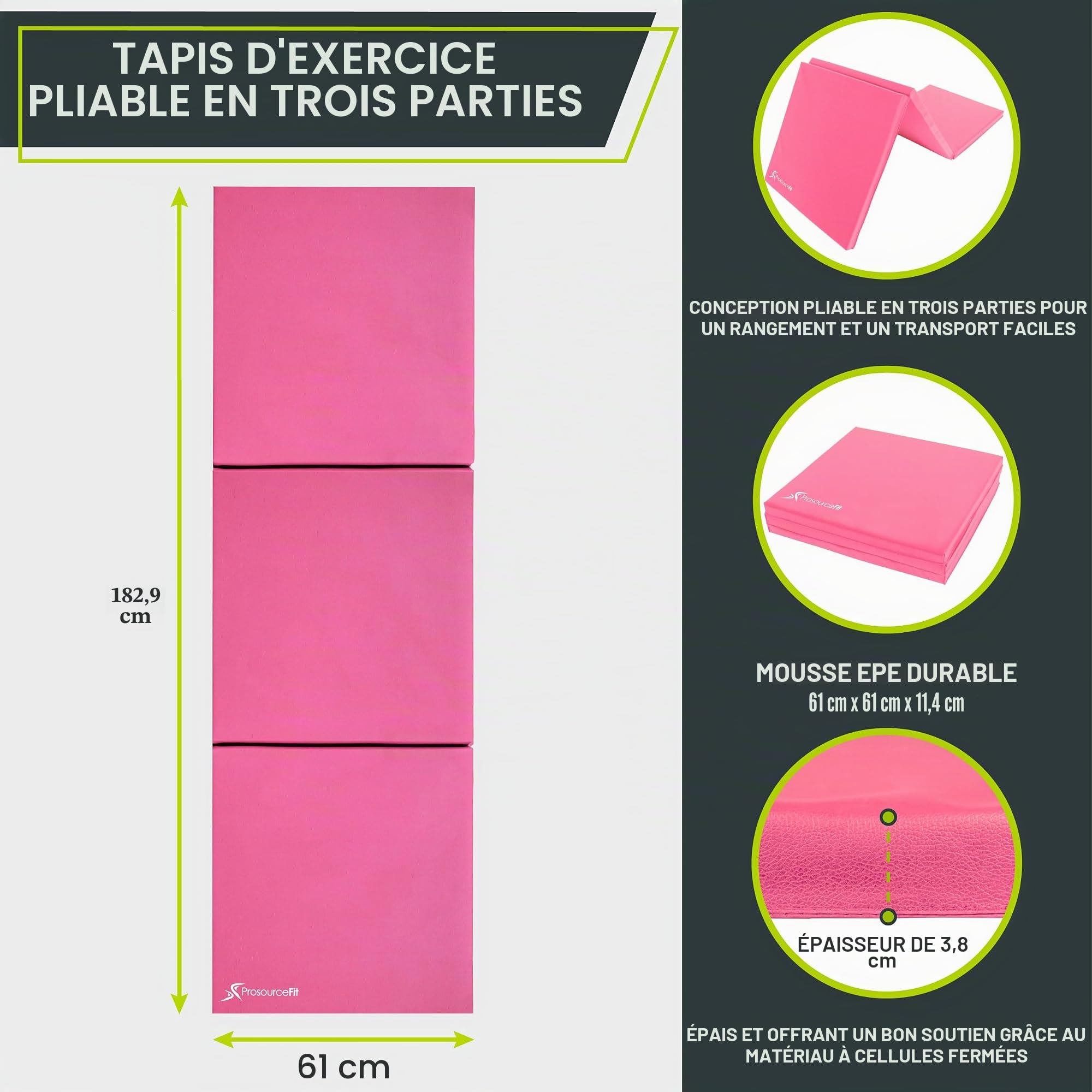 ProsourceFit Tapis d'exercice pliable à trois plis épais 1,8 x 0,6 m avec poignées de transport pour MMA, gymnastique, étirements, entraînements de base