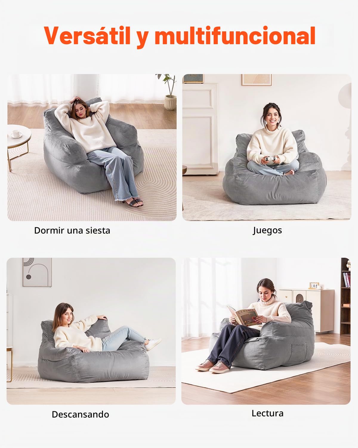 VEVOR Sillón Puff 1118 x 1143 x 780 mm con Reposabrazos para Adultos, Relleno de Felpa Esponjosa y Espuma de Alta Densidad, Sillón Puff para Adultos con Zapper para Sala de Estar, Dormitorio, Gris