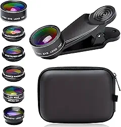 Kit de lentes de câmera de celular 7 em 1, para iPhone, para Samsung, para smartphone Android, clipe universal em grande angular + macro + lentes de câmera olho de peixe (preto)