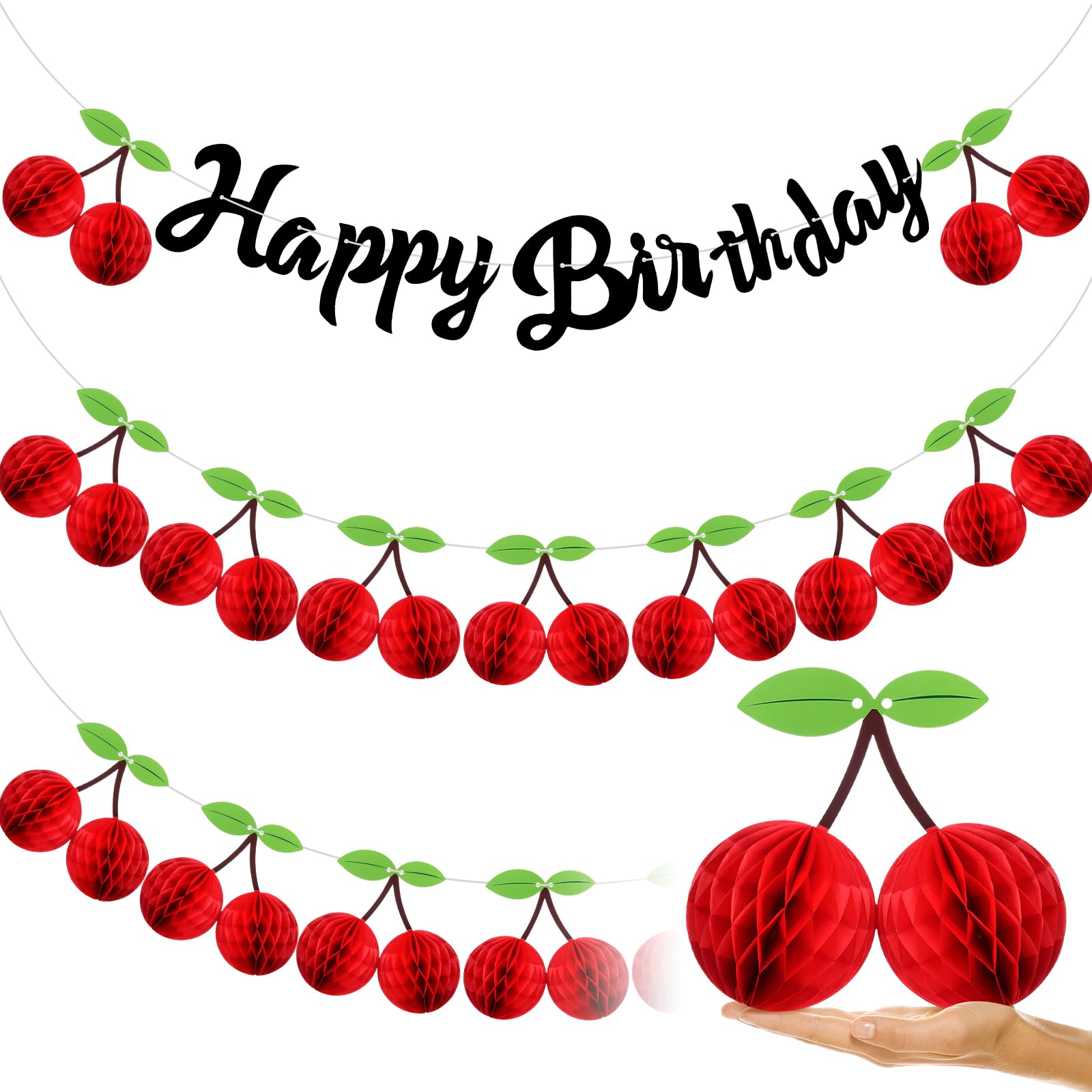 RoundFunny 3 Pack Happy Birthday Cherry Banner 8.2 ft 3D Party Supplies Honeycomb Cherry Garland and Happy Birthday Banner Paper Fruit Photoshoot