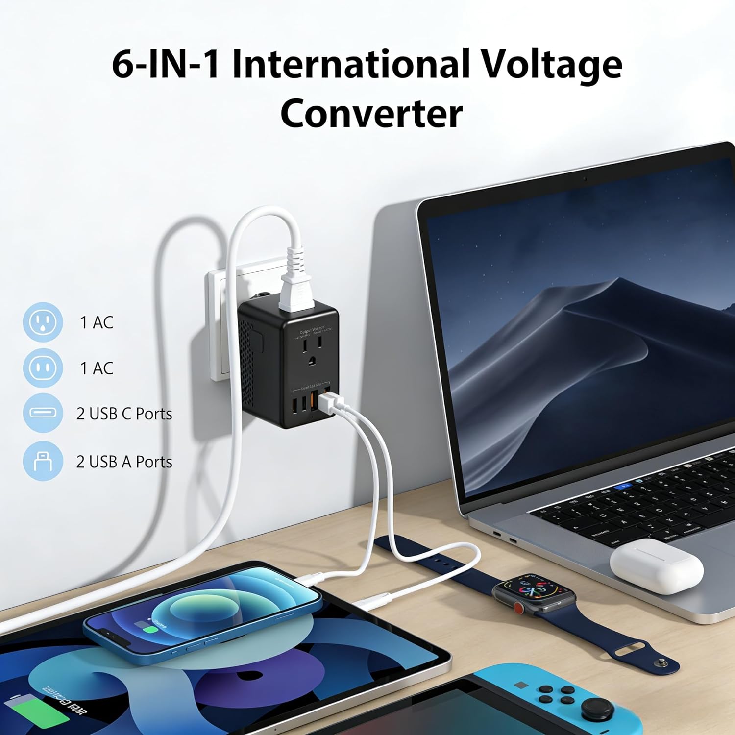 Travel Adapter Voltage Converter US to Europe Power Adapter Step Down Transformer 220V to 110V with 2 USB A 2 USB C & UK/AU/US/EU/﻿South Africa for Hair Dryer (Black)