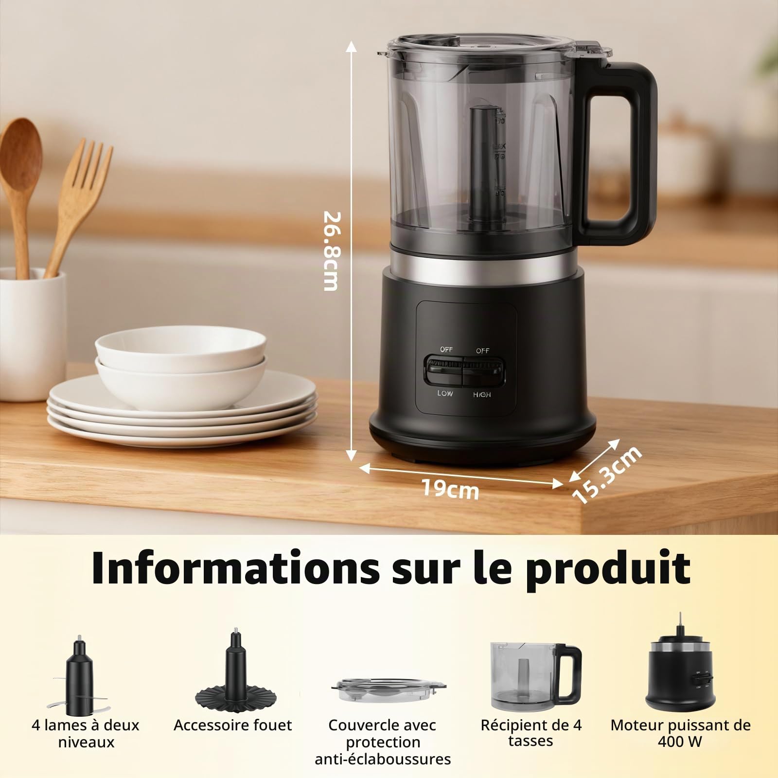 Hachoir électrique | Hachoir électrique 400 W à 2 vitesses | 4 lames en acier inoxydable à deux niveaux et fouet | Récipient amovible de 0,95 L pour hacher, mélanger et émulsionner