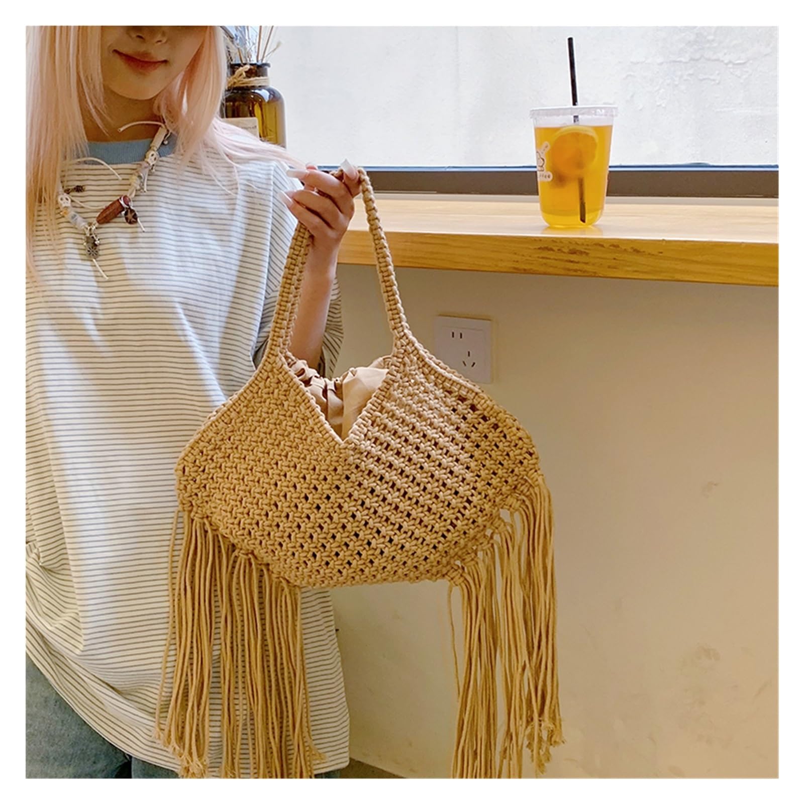 bolso mujer verano Bolso de playa for mujer estilo bohemio con borlas tejidas y hombro diseño calado