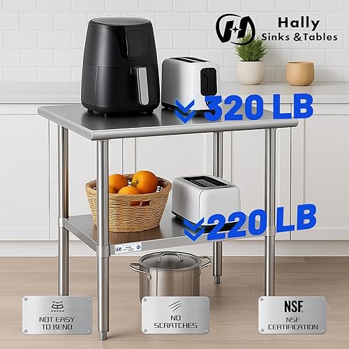 Vista 47 de Hally - Mesa de trabajo y preparación de acero inoxidable de 24 x 30 pulgadas, mesa comercial con certificación NSF de gran resistencia con estante