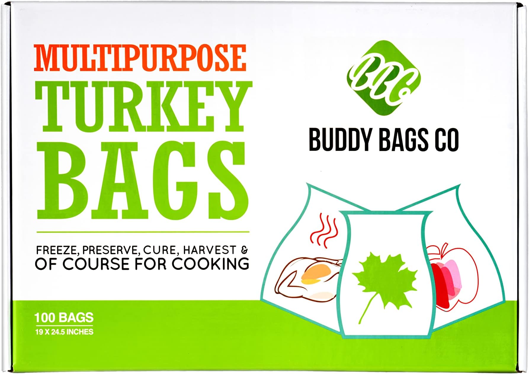Buddy Bags Co Turkey Oven Bags for Roasting – 100-Pack Heavy-Duty, Oven-Safe Cooking Bags (19" x 24.5") – BPA-Free, Heat-Resistant, Made in USA