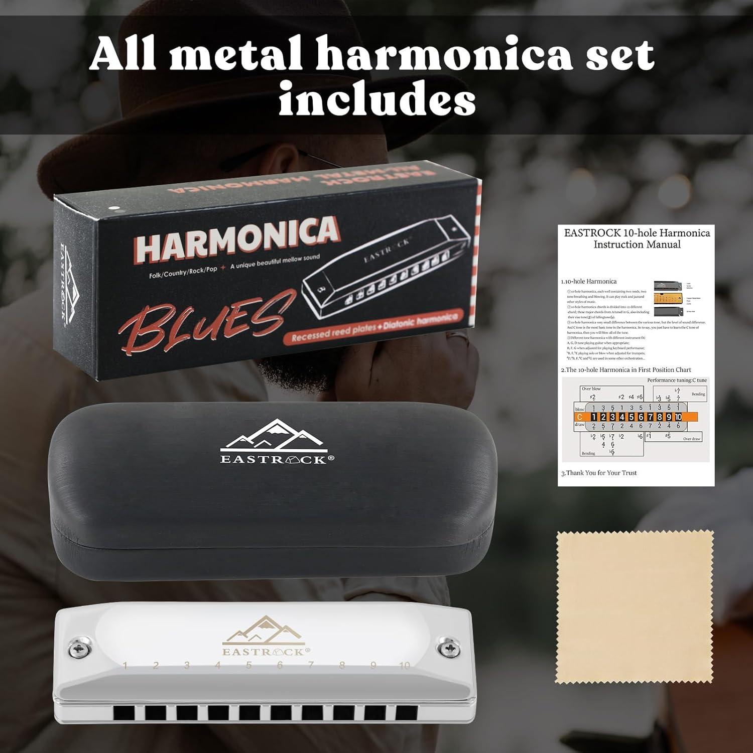 EASTROCK 10 Holes All-metal Professional Harmonica Diatonic Mouth Organ Harmonica for Adults Key of C for Beginners and Students