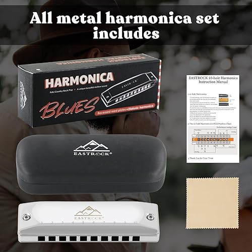 Miniatura 6 de EASTROCK Armónica profesional de metal de 10 agujeros, armónica de órgano de boca diatónica para adultos, clave de armónica C para principiantes y