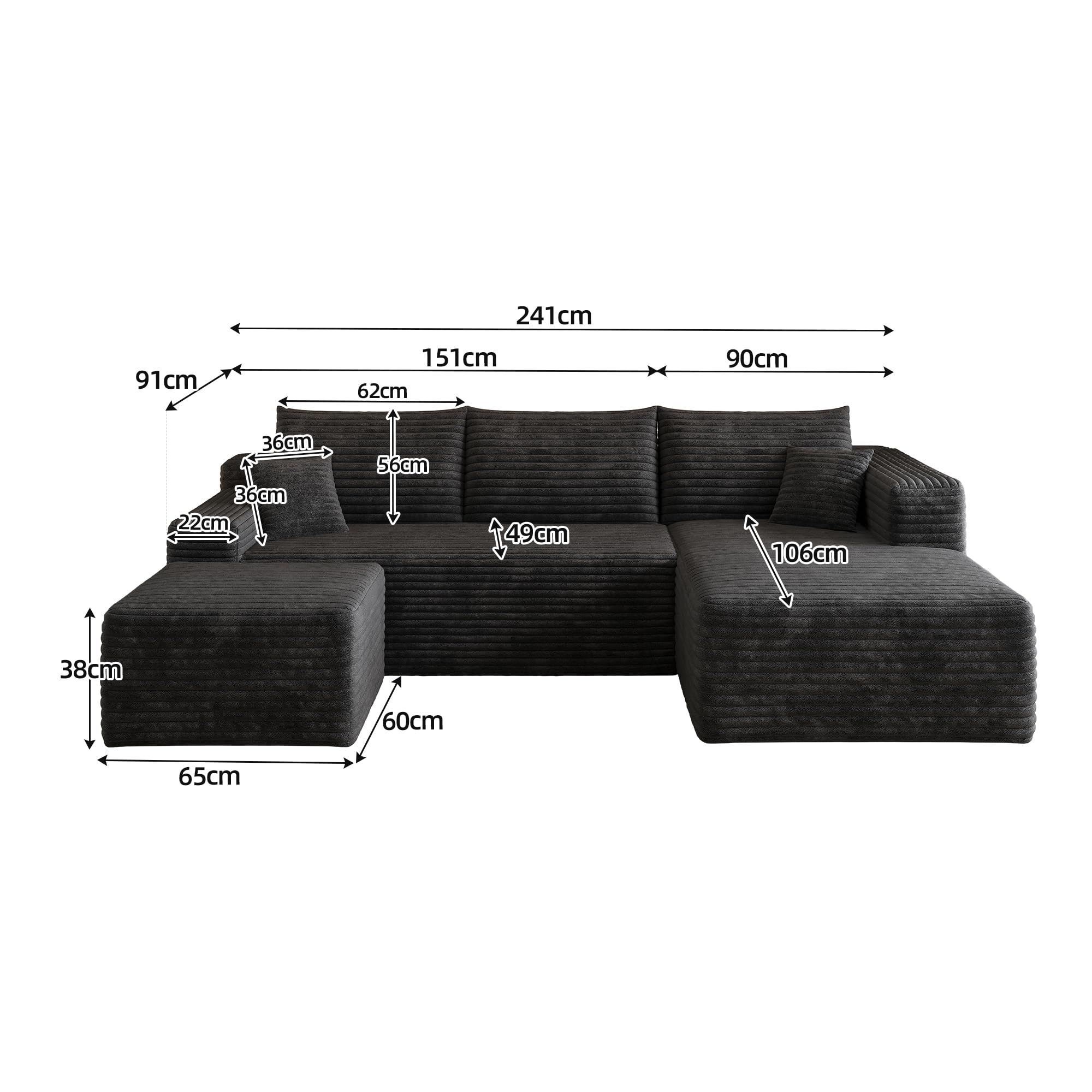 Boneless - Sofá esquinero modular con taburete, sofá de esquina en forma de U sin montaje, sofá tapizado de pana combinable, negro de 3 plazas+1, negro (Black-Right-U, 4)